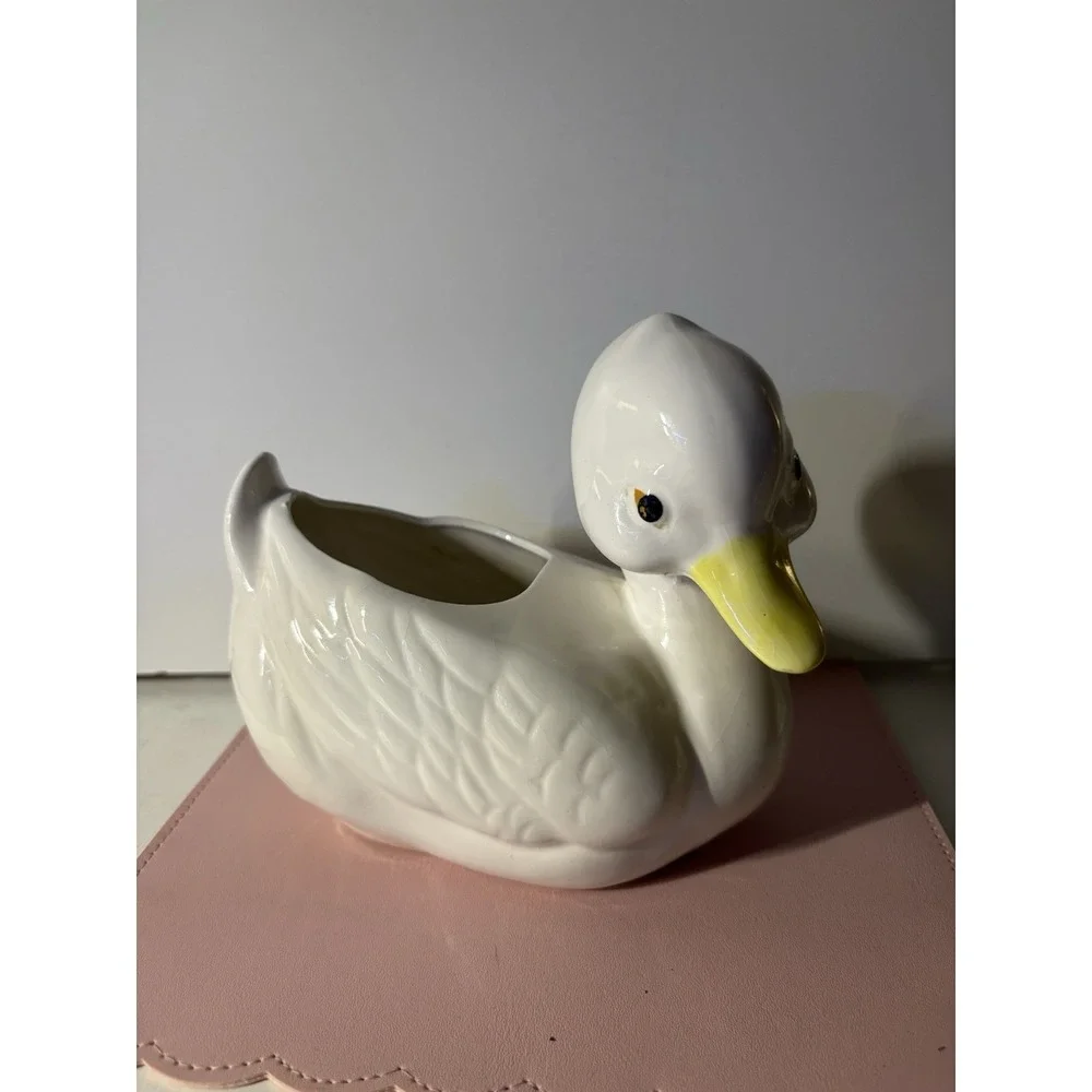Vintage White Ceramic Duck Planter with Yellow Beak